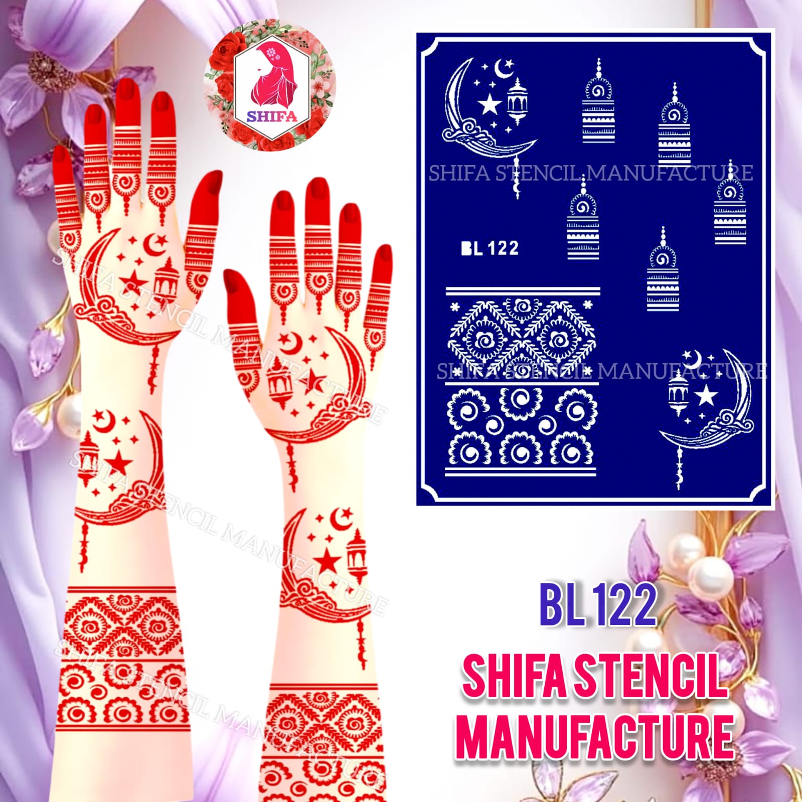 BL122 Starry Crescent Glow Henna Sticker Overview Henna Stencil - Shifa Stencil